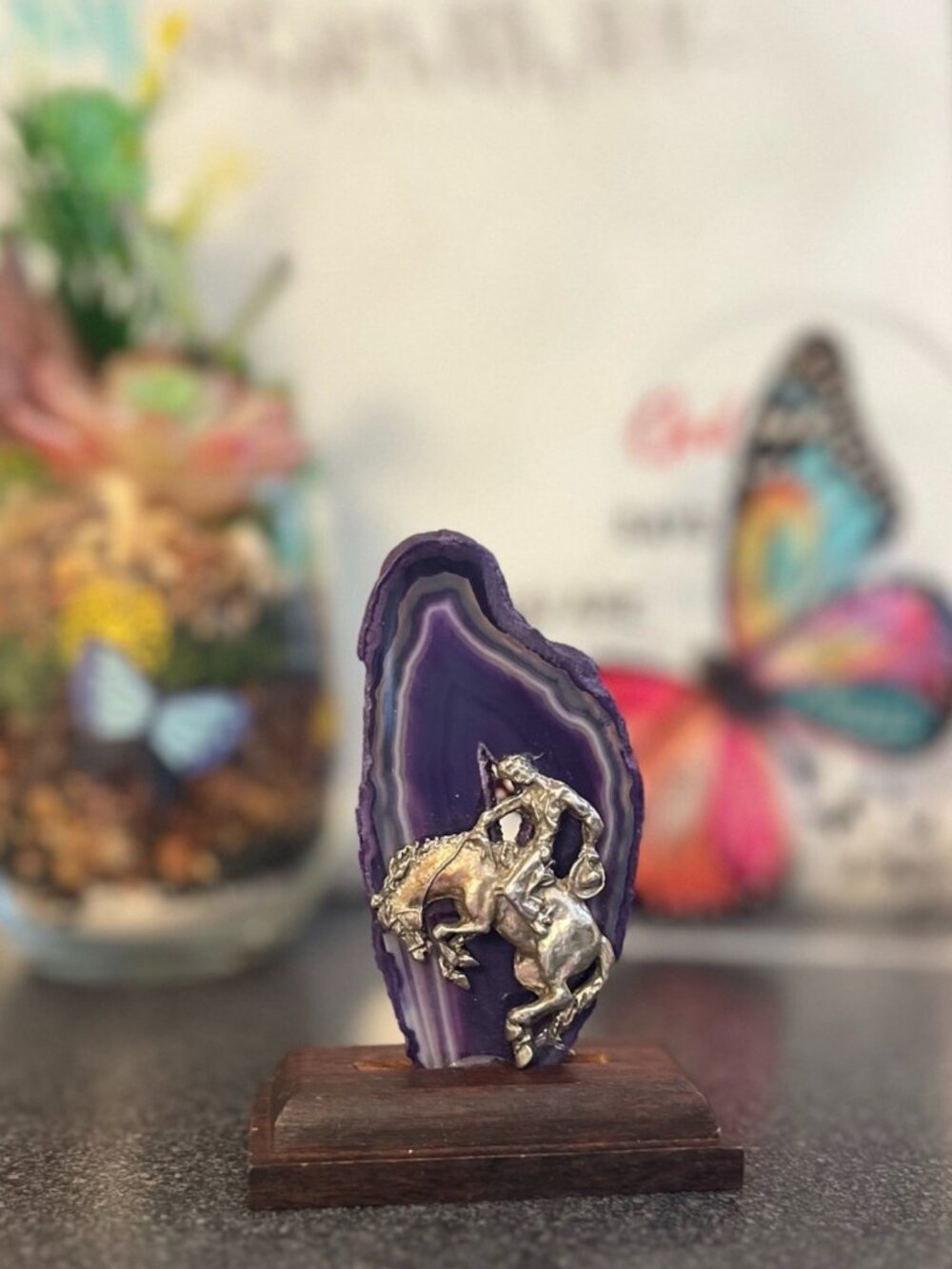 Silver Pewter Horse on Purple Agate Slice